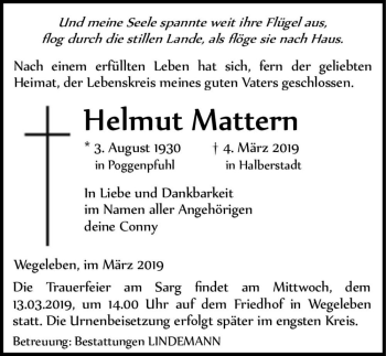 Traueranzeige von Helmut Mattern  von Magdeburger Volksstimme