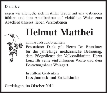 Traueranzeige von Helmut Matthei  von Magdeburger Volksstimme