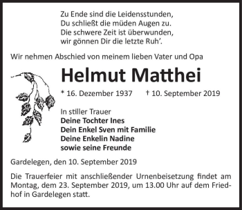 Traueranzeige von Helmut Matthei  von Magdeburger Volksstimme