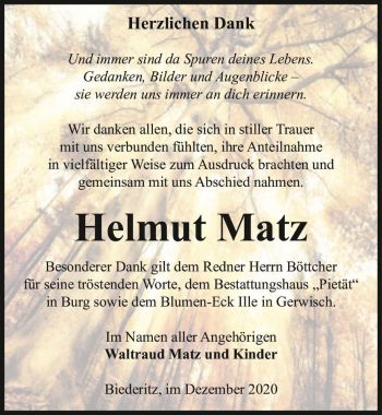 Traueranzeige von Helmut Matz  von Magdeburger Volksstimme