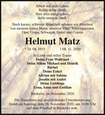 Traueranzeige von Helmut Matz  von Magdeburger Volksstimme