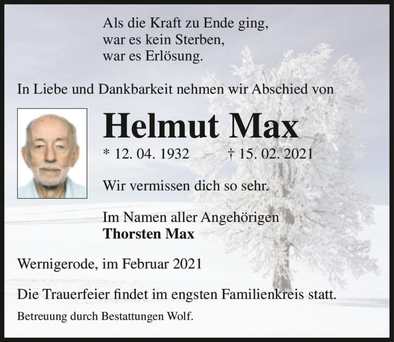  Traueranzeige für Helmut Max  vom 20.02.2021 aus Magdeburger Volksstimme
