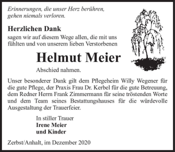Traueranzeige von Helmut Meier  von Magdeburger Volksstimme