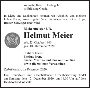 Traueranzeige von Helmut Meier  von Magdeburger Volksstimme