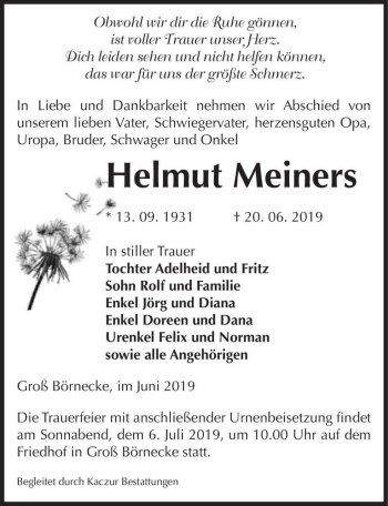 Traueranzeige von Helmut Meiners  von Magdeburger Volksstimme