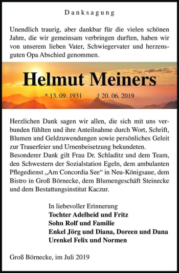 Traueranzeige von Helmut Meiners  von Magdeburger Volksstimme