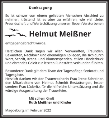 Traueranzeige von Helmut Meißner  von Magdeburger Volksstimme
