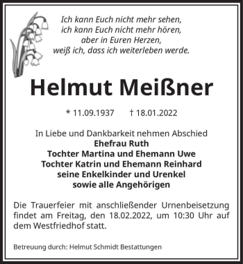 Traueranzeige von Helmut Meißner  von Magdeburger Volksstimme