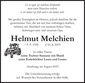 Traueranzeige von Helmut Melchien  von Magdeburger Volksstimme