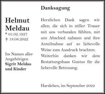 Traueranzeige von Helmut Meldau  von Magdeburger Volksstimme
