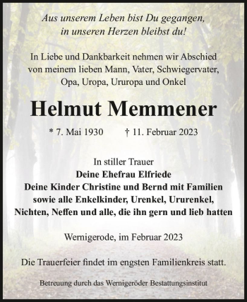 Traueranzeige von Helmut Memmener  von Magdeburger Volksstimme