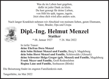 Traueranzeige von Helmut Menzel  von Magdeburger Volksstimme