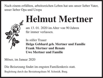 Traueranzeige von Helmut Mertner  von Magdeburger Volksstimme