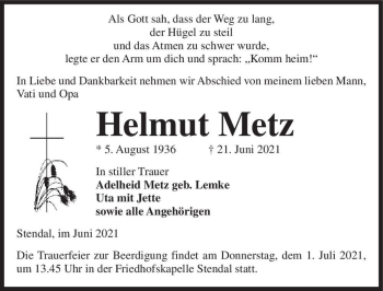 Traueranzeige von Helmut Metz  von Magdeburger Volksstimme