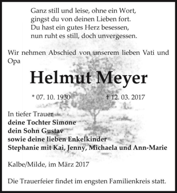 Traueranzeige von Helmut Meyer  von Magdeburger Volksstimme