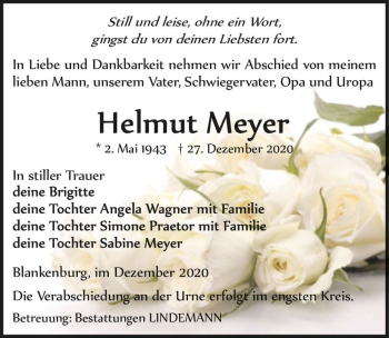 Traueranzeige von Helmut Meyer  von Magdeburger Volksstimme