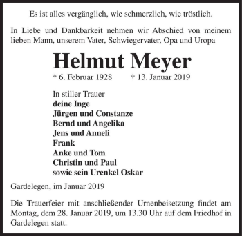 Traueranzeige von Helmut Meyer  von Magdeburger Volksstimme