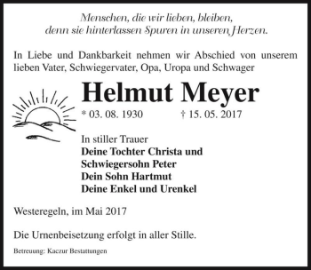 Traueranzeige von Helmut Meyer  von Magdeburger Volksstimme
