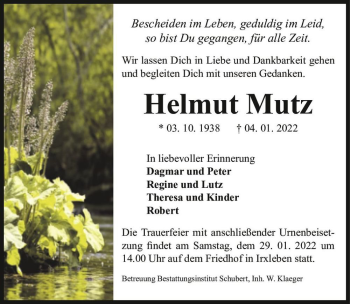 Traueranzeige von Helmut Mutz  von Magdeburger Volksstimme