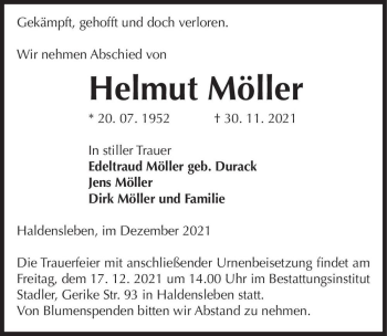 Traueranzeige von Helmut Möller  von Magdeburger Volksstimme
