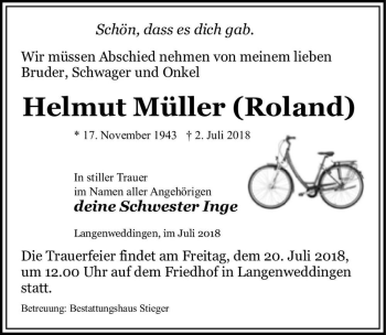 Traueranzeige von Helmut Müller (Roland)  von Magdeburger Volksstimme
