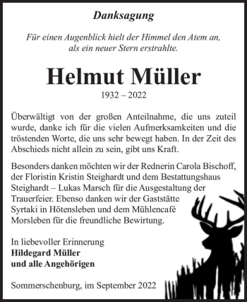 Traueranzeige von Helmut Müller  von Magdeburger Volksstimme