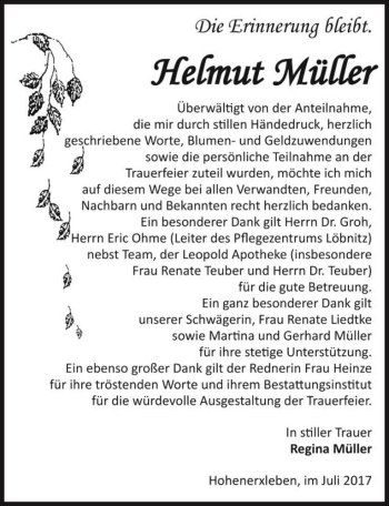 Traueranzeige von Helmut Müller  von Magdeburger Volksstimme