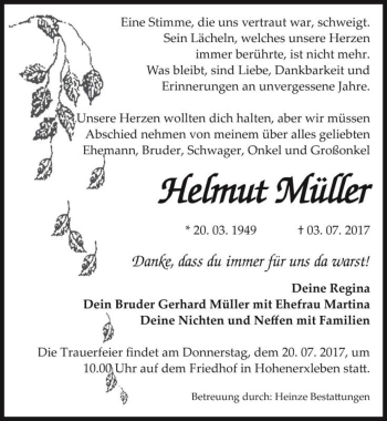 Traueranzeige von Helmut Müller  von Magdeburger Volksstimme