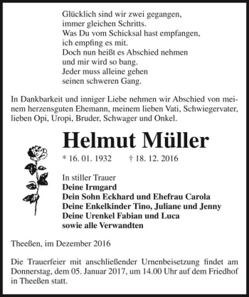 Traueranzeige von Helmut Müller  von Magdeburger Volksstimme