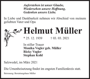 Traueranzeige von Helmut Müller  von Magdeburger Volksstimme