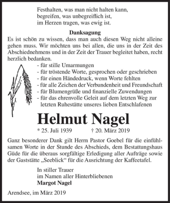 Traueranzeige von Helmut Nagel  von Magdeburger Volksstimme