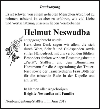 Traueranzeige von Helmut Neswadba  von Magdeburger Volksstimme