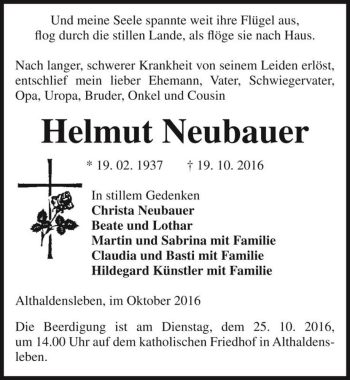 Traueranzeige von Helmut Neubauer  von Magdeburger Volksstimme