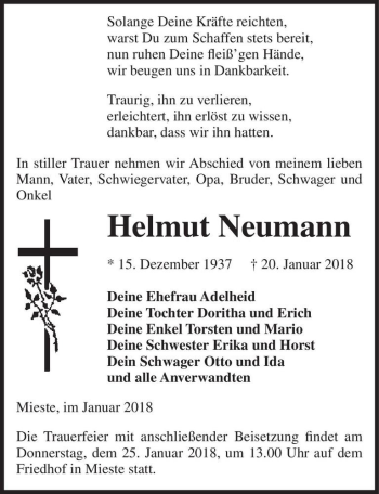 Traueranzeige von Helmut Neumann  von Magdeburger Volksstimme