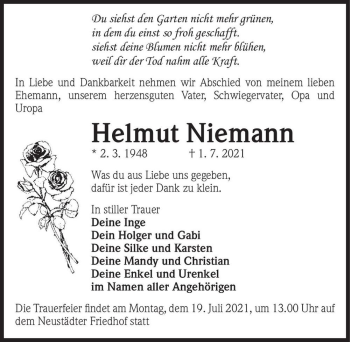 Traueranzeige von Helmut Niemann  von Magdeburger Volksstimme