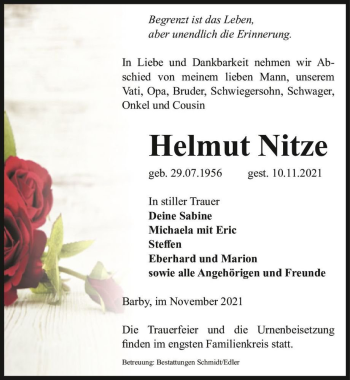 Traueranzeige von Helmut Nitze  von Magdeburger Volksstimme