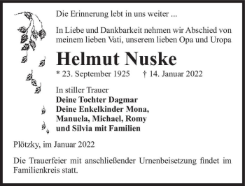 Traueranzeige von Helmut Nuske  von Magdeburger Volksstimme
