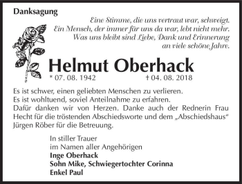 Traueranzeige von Helmut Oberhack  von Magdeburger Volksstimme