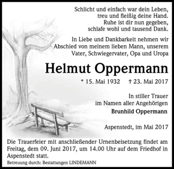Traueranzeige von Helmut Oppermann  von Magdeburger Volksstimme