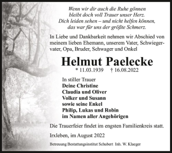 Traueranzeige von Helmut Paelecke  von Magdeburger Volksstimme