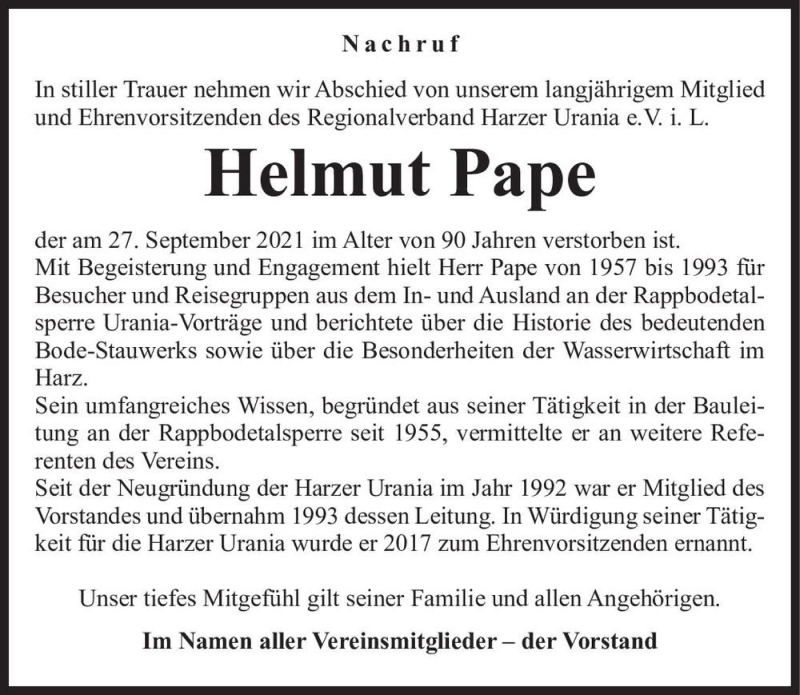  Traueranzeige für Helmut Pape  vom 09.10.2021 aus Magdeburger Volksstimme