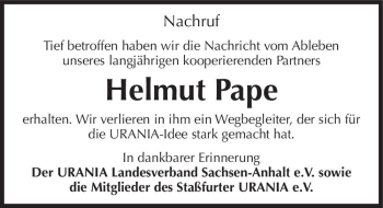 Traueranzeige von Helmut Pape  von Magdeburger Volksstimme