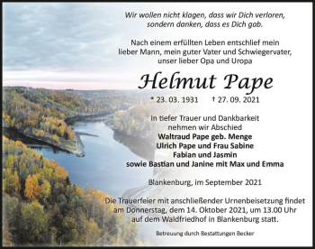 Traueranzeige von Helmut Pape  von Magdeburger Volksstimme
