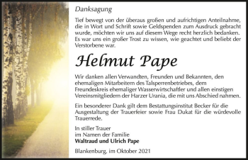 Traueranzeige von Helmut Pape  von Magdeburger Volksstimme
