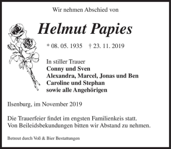 Traueranzeige von Helmut Papies  von Magdeburger Volksstimme