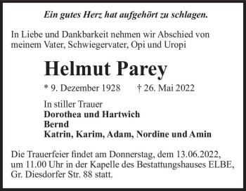 Traueranzeige von Helmut Parey  von Magdeburger Volksstimme