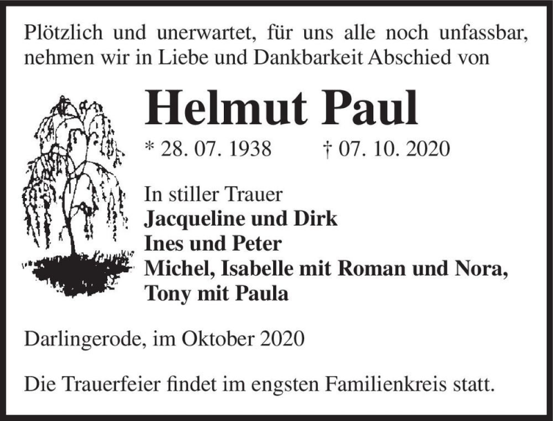  Traueranzeige für Helmut Paul  vom 10.10.2020 aus Magdeburger Volksstimme