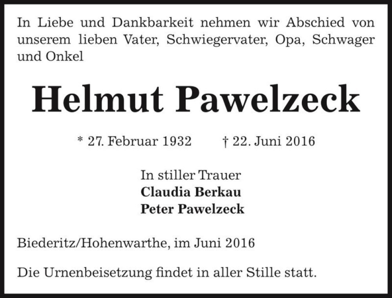  Traueranzeige für Helmut Pawelzeck  vom 28.06.2016 aus Magdeburger Volksstimme