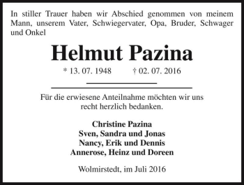 Traueranzeige von Helmut Pazina  von Magdeburger Volksstimme