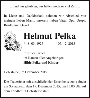 Traueranzeige von Helmut Pelka  von Magdeburger Volksstimme